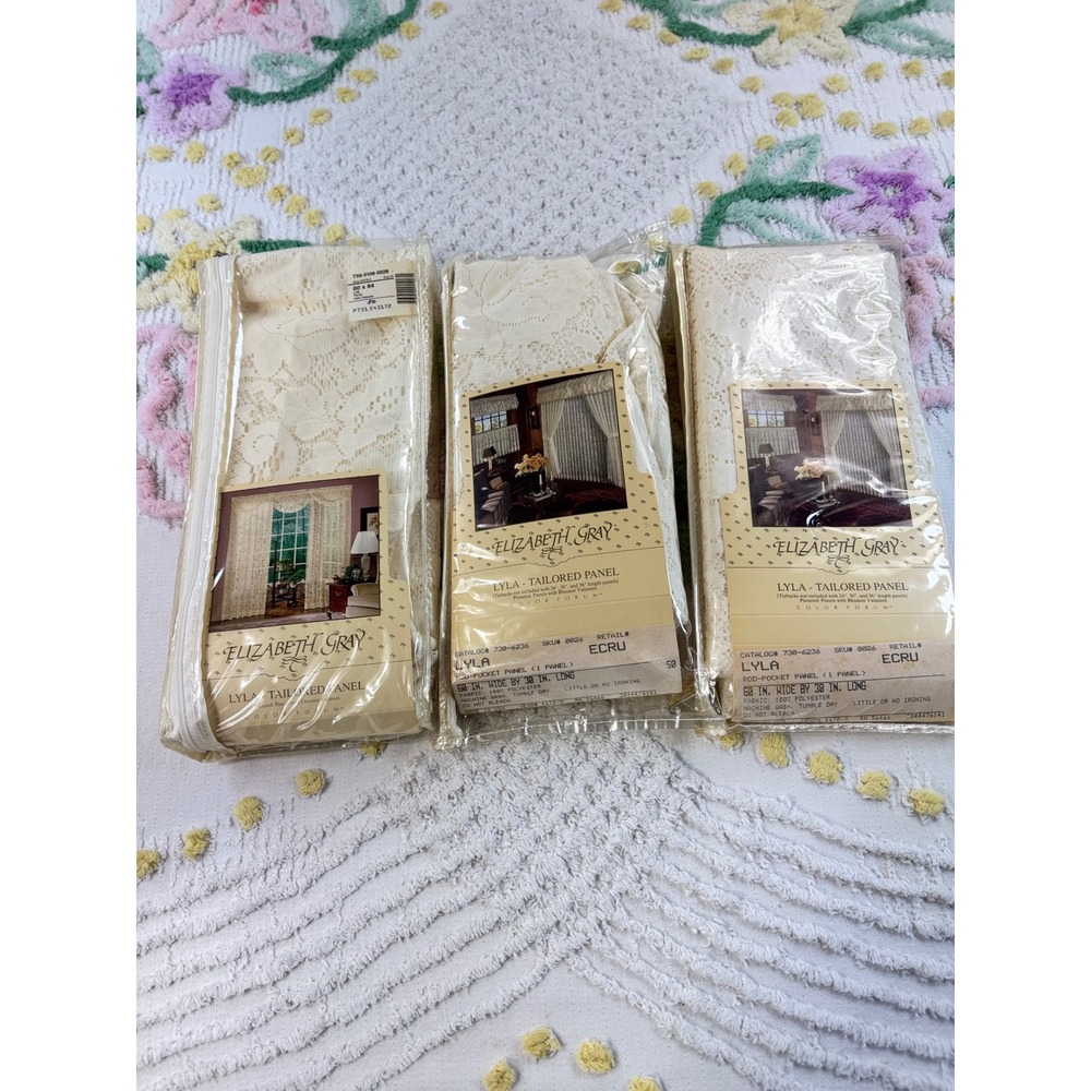 Vintage Elizabeth Gray Lyla Tailored Lace Curtains 60x30 Ecru 3 Panels NOS